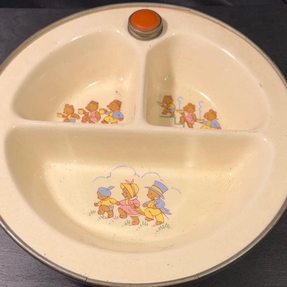 Vintage Excello Warming Baby Dish Ceramic 3 Section Bear Illustration Orange